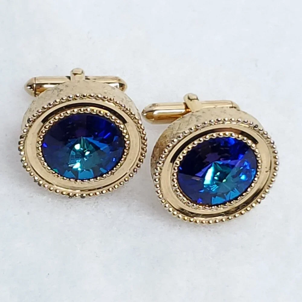 Vintage Rivoli Cufflinks Gold Tone Blue Rhinestone Sparkles